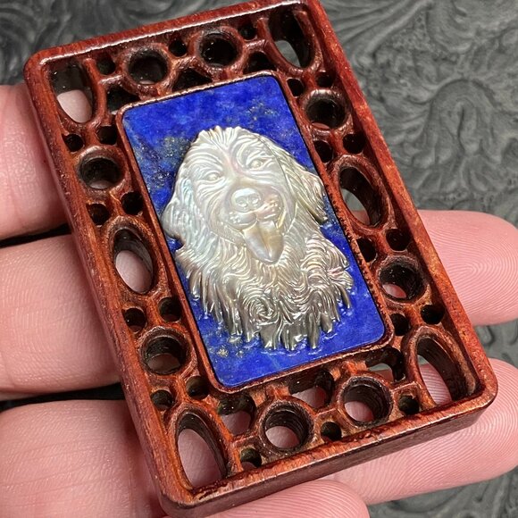 Golden Retriever Dog Mother of Pearl Lapis Lazuli Pendant Cabochon Mini Art - Picture 5 of 8